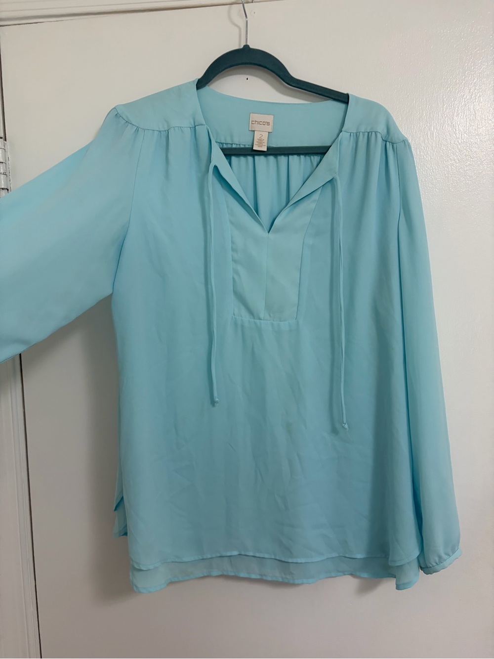 Chico's Aqua Tie-Front V-Neck Long-Sleeve Blouse
